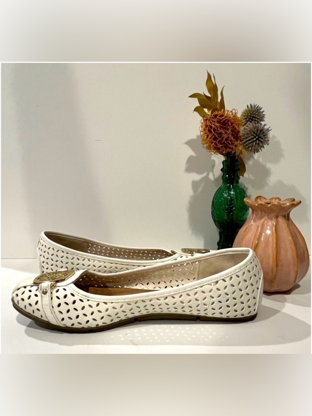 Christian Siriano Women’s Ballet Flats White Mesh Leather Gold Accent Balletcore